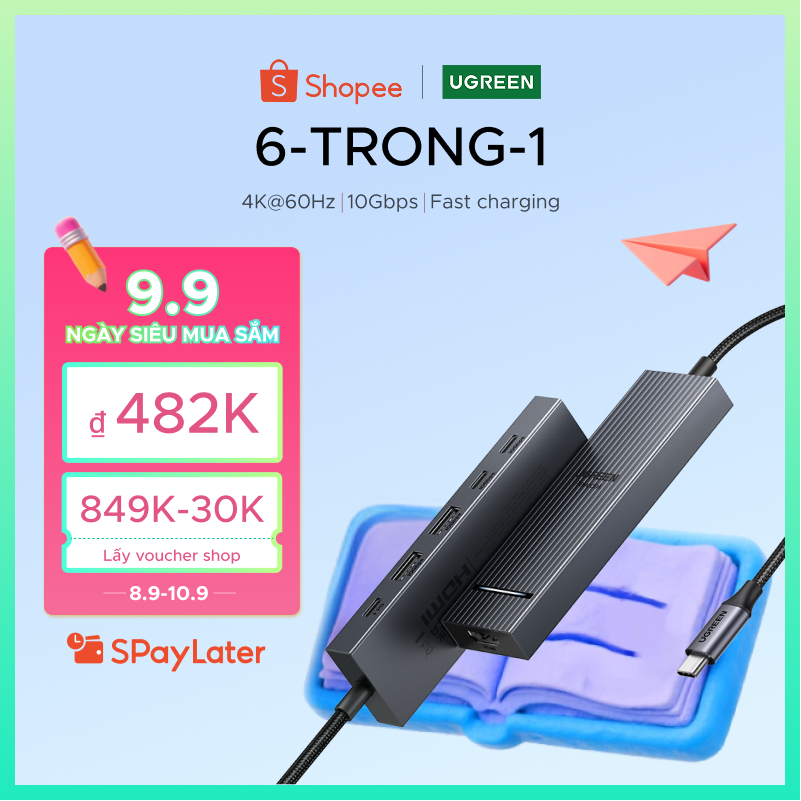 Ugreen 4K60hz 6-IN-1USB-C Trạm Docking đa chức năng USB3.2 Gen2 10Gbps cho iPad Air M2 11 "13 '' 2024 MacBook Pro M3 M2 M1 M4 MacBook Air M3 M2 M1 M4 HDMI + 2xUSB-A 3.2 + 2xUSB-C