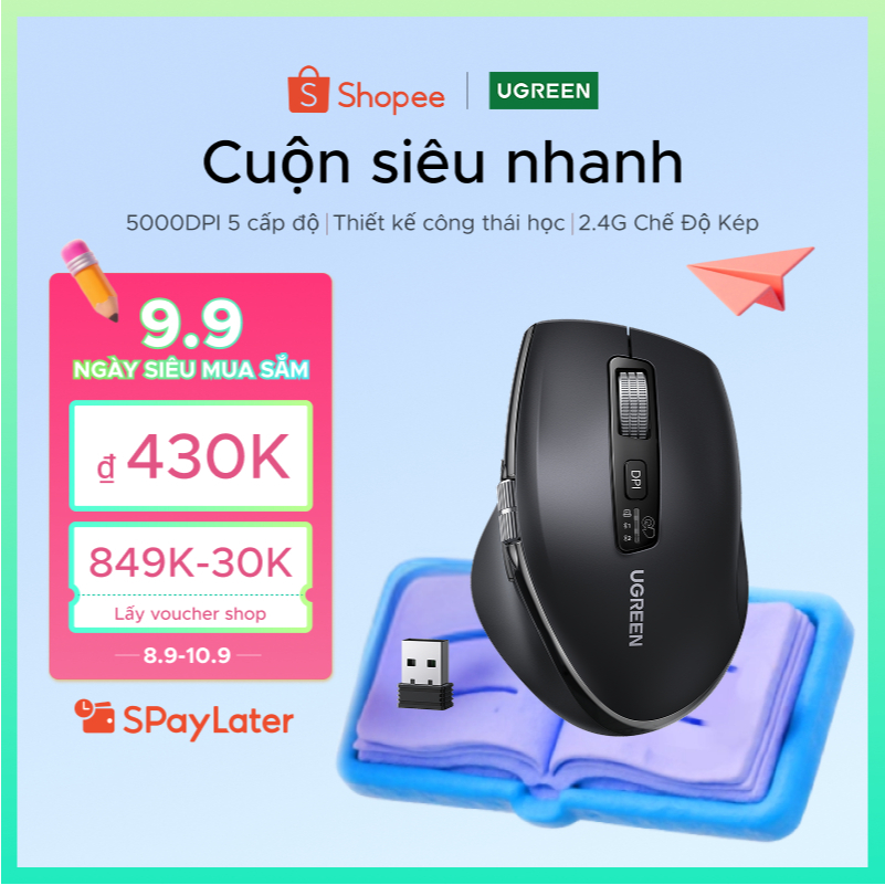 Chuột không dây cuộn siêu nhanh Ugrene Bluetooth 5.4/5.0 2.4G Công thái học 5000DPI cho máy tính bảng MacBook Máy tính xách tay