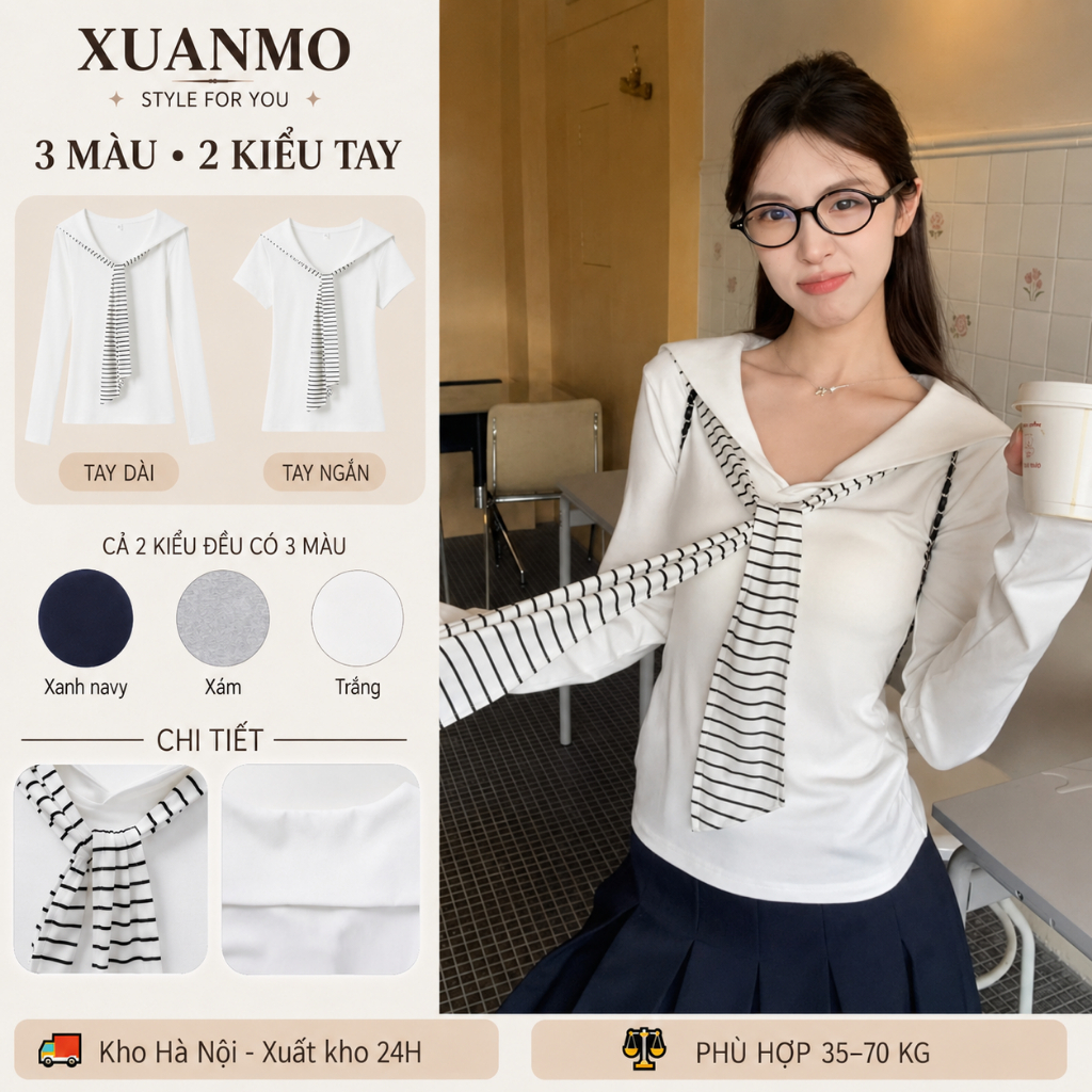 Áo Thun Nữ Tay Dài Cổ Thủy Thủ Chính Vai Form Ôm Tôn Dáng Phong Cách Hàn Quốc Basic