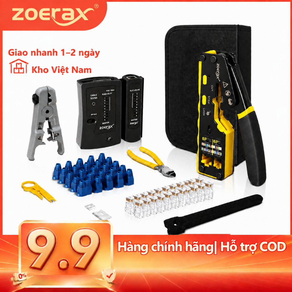 ZoeRax Bộ công cụ uốn Rj45 cho đầu nối mô-đun CAT5 Cat5e Cat6 với bộ kiểm tra cáp, vũ nữ thoát y nhân lớp, lưỡi dao, 20 chiếc Cat 6 đi qua đầu nối và bốt giảm căng thẳng, dây rút nhựa