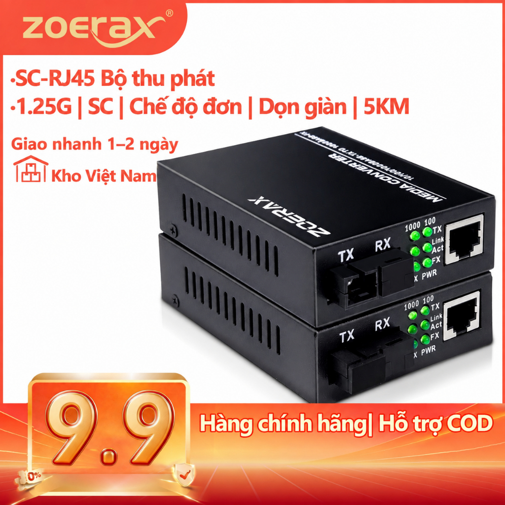 Bộ chuyển đổi quang điện Converter quang Gigabit ZoeRax Bộ chuyển đổi SC chế độ đơn, RJ45 sang sợi Ethernet cho giám sát camera quan sát & mạng doanh nghiệp