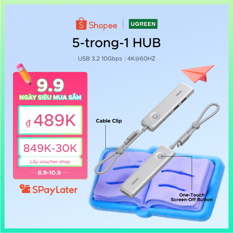 Hub 5 trong 1 UGREEN 100W PD Charge 4K @ 60Hz HDMI 10Gbps Truyền dữ liệu có nút khóa màn hình cho MacBook