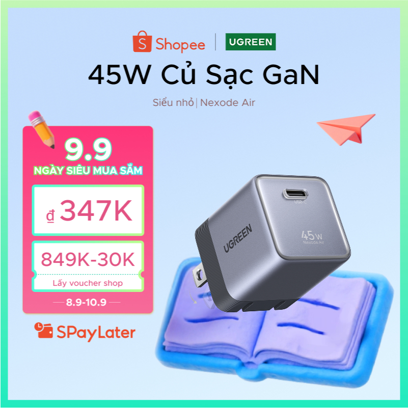 UGREEN 45W/65W Nexode Air GaN Sạc Nhanh USB-C Sạc Tường, Bộ Chuyển Đổi Sạc Màu Xám Nhẹ Nhỏ Gọn Tương Thích Cho iPhone 17 Pro Max Samsung S26 Ultra