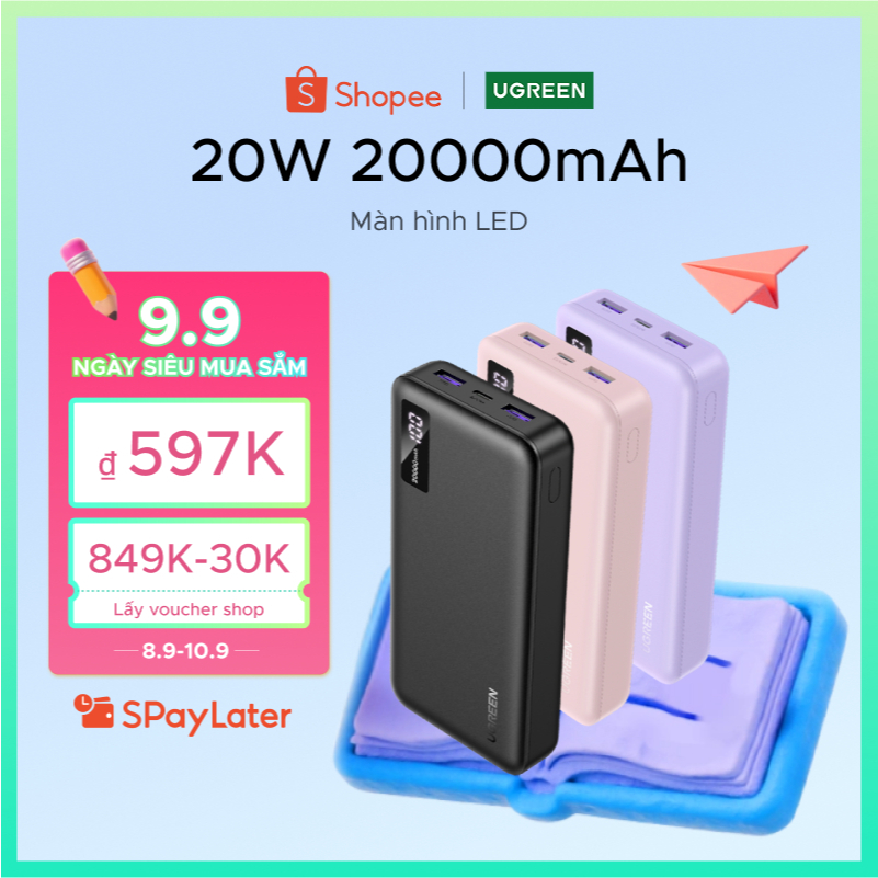 Pin sạc dự phòng Ugreen 10000mAh 20000mAh Powerbank PD3.0 20W QC 3.0 18W Max Sạc nhanh Powerbank cho iPhone 17 Pro Max iPhone 13 Samsung S23 Ultra Samsung S24 Ultra HUAWEI