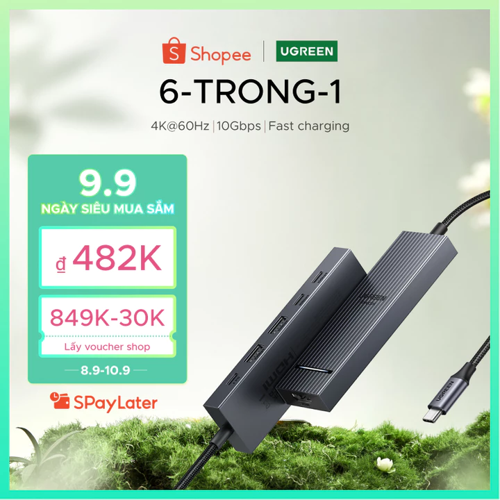 Ugreen 4K60hz 6-IN-1USB-C Trạm Docking đa chức năng USB3.2 Gen2 10Gbps cho iPad Air M2 11 "13 '' 2024 MacBook Pro M3 M2 M1 M4 MacBook Air M3 M2 M1 M4 HDMI + 2xUSB-A 3.2 + 2xUSB-C
