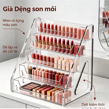 Kệ Đựng Mỹ Phẩm Acrylic Trong Suốt 5 Tầng | Kệ Sắp Xếp Phấn Mắt, Son Môi, Nước Hoa Trên Bàn Trang Điểm | Thiết Kế Cầu Thang Dễ Lấy | Không Cần Lắp Ráp