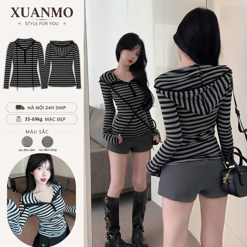 Áo phông Chai cổ nửa mở dài tay sọc Retro Áo thun tay dài Áo kiểu xinh sang