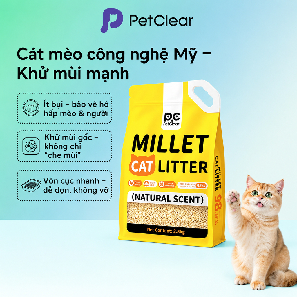 [Mua 2 tặng 1] Cát vệ sinh cho mèo PETCLEAR vị đậu phụ 2.5KG Vón cục siêu nhanh Khử mùi hiệu quả Thấm hút ẩm tốt Ít bụi Không dính Dễ dàng vệ sinh Có thể xả xuống bồn cầu Phù hợp cho mèo mọi lứa tuổi