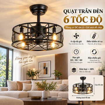 Quạt trần có đèn, Quạt trần có đèn phong cách hiện đại, Quạt trần chiếu sáng 45cm Động cơ DC 6 tốc độ, Điều khiển từ xa