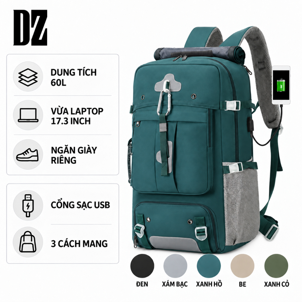 COD Balo du lịch 60L chống nước, nhiều ngăn, có ngăn giày, laptop 17 inch, dạng cuộn