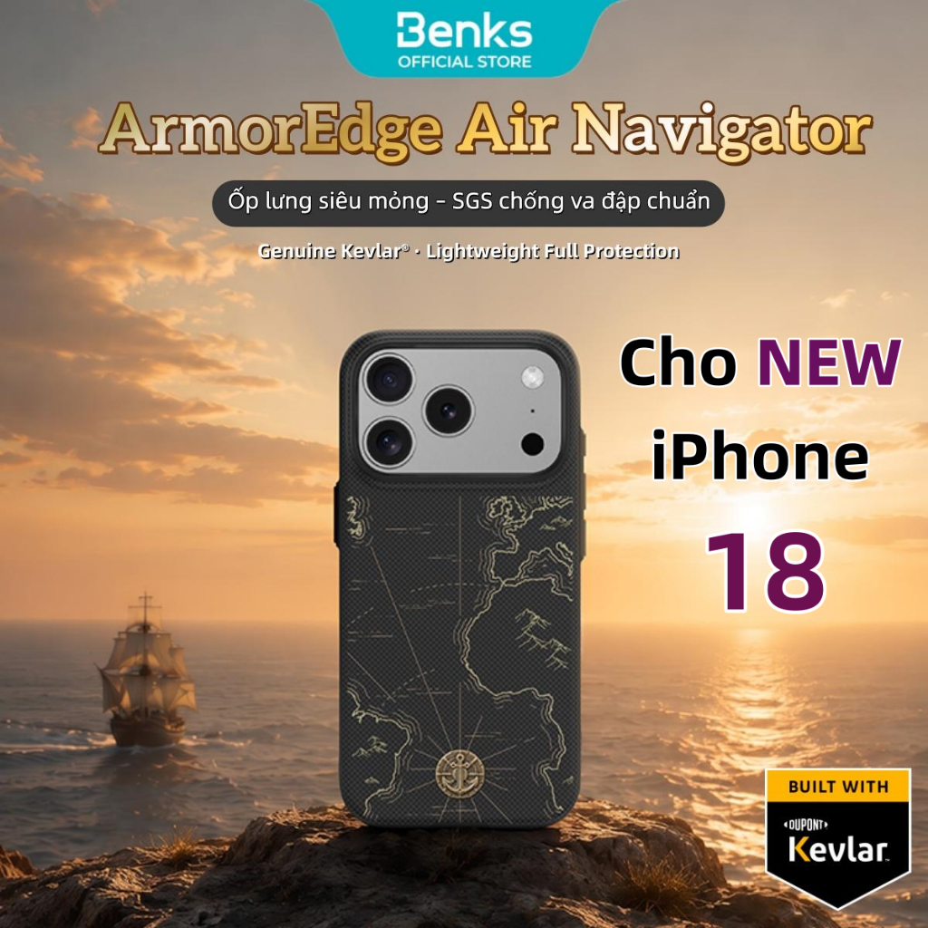 BENKS ArmorEdge-Air Navigator Ốp Lưng Kevlar Từ Tính Cho iPhone 17/18 Pro / Pro Max, Siêu Mỏng 1mm,  Sợi Kevlar® Cao Cấp