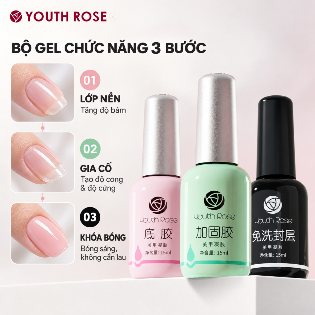 Youth Rose Base top hoa hồng chính hãng 15ml-gel liên kết top phủ bóng cứng móng cao cấp - Nails Red