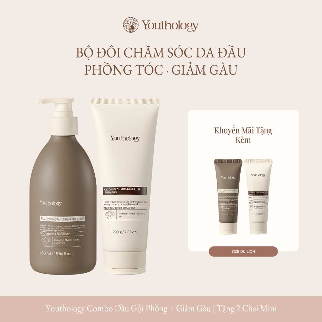 Youthology Combo Dầu Gội 450ml & Dầu Gội Trị Gàu 200g - Tóc Bồng Bềnh, Kiểm Soát Dầu, Giảm Gàu & Sạch Da Đầu