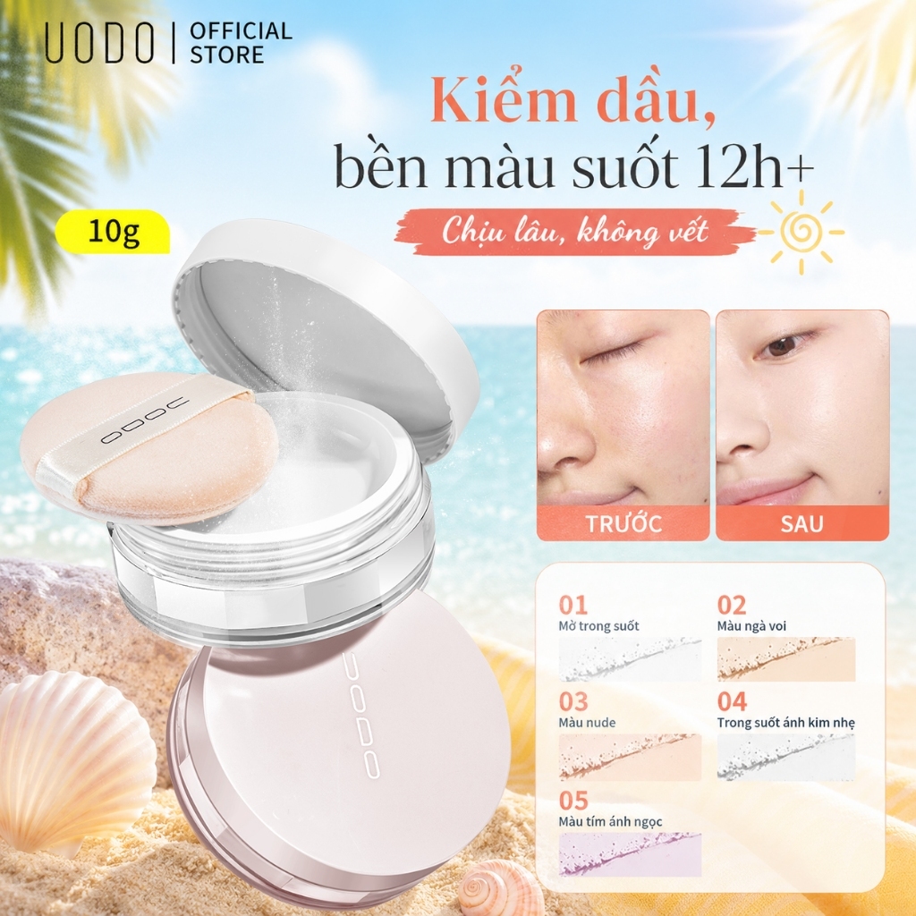 Phấn Phủ UODO Chống Nước Thấm Mồ Hôi Kiềm Dầu Phấn Mịn Không Xệ 5 Màu 8g/10g