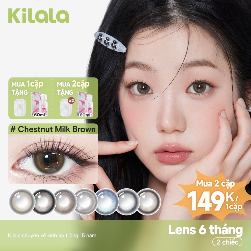 Kính áp tròng Kilala màu nâu Chestnut Milk Brown/ Yay Radiowave Black/White Peach Brownlens cận 6 tháng DIA 14.2mm  14.5mm có độ (0-7) 1 cặp
