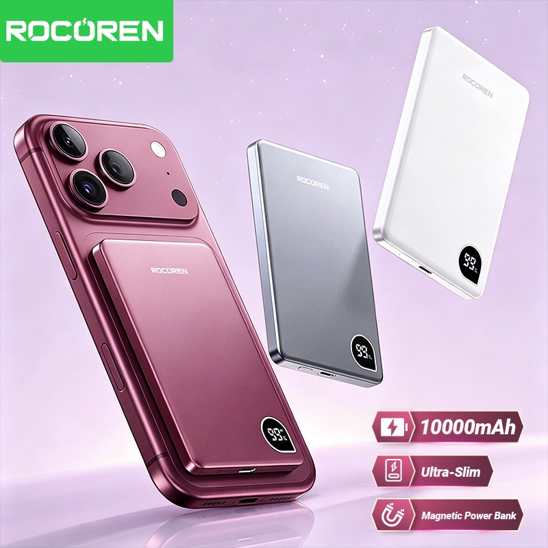 Rocoren Từ Tính Không Dây Power Bank 10000mAh Màn Hình Kỹ Thuật Số Powerbank 5000mAh Siêu Mỏng Di Động Sạc Pin Cho iPhone 18 17 Pro Max