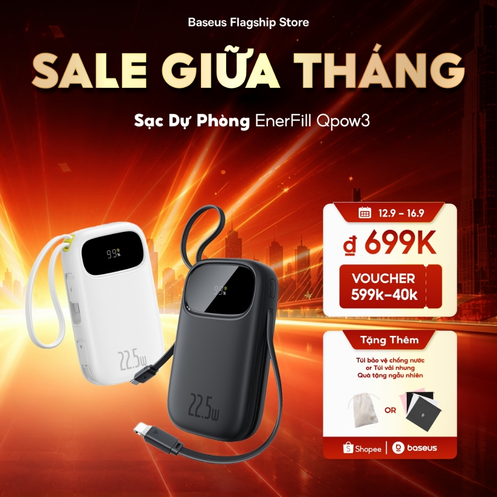 【CCC Certified】Baseus QPow3 Pin Dự Phòng Sạc Nhanh 22.5W – Màn Hình Kỹ Thuật Số, Cáp Kép, Nhỏ Gọn, CCC