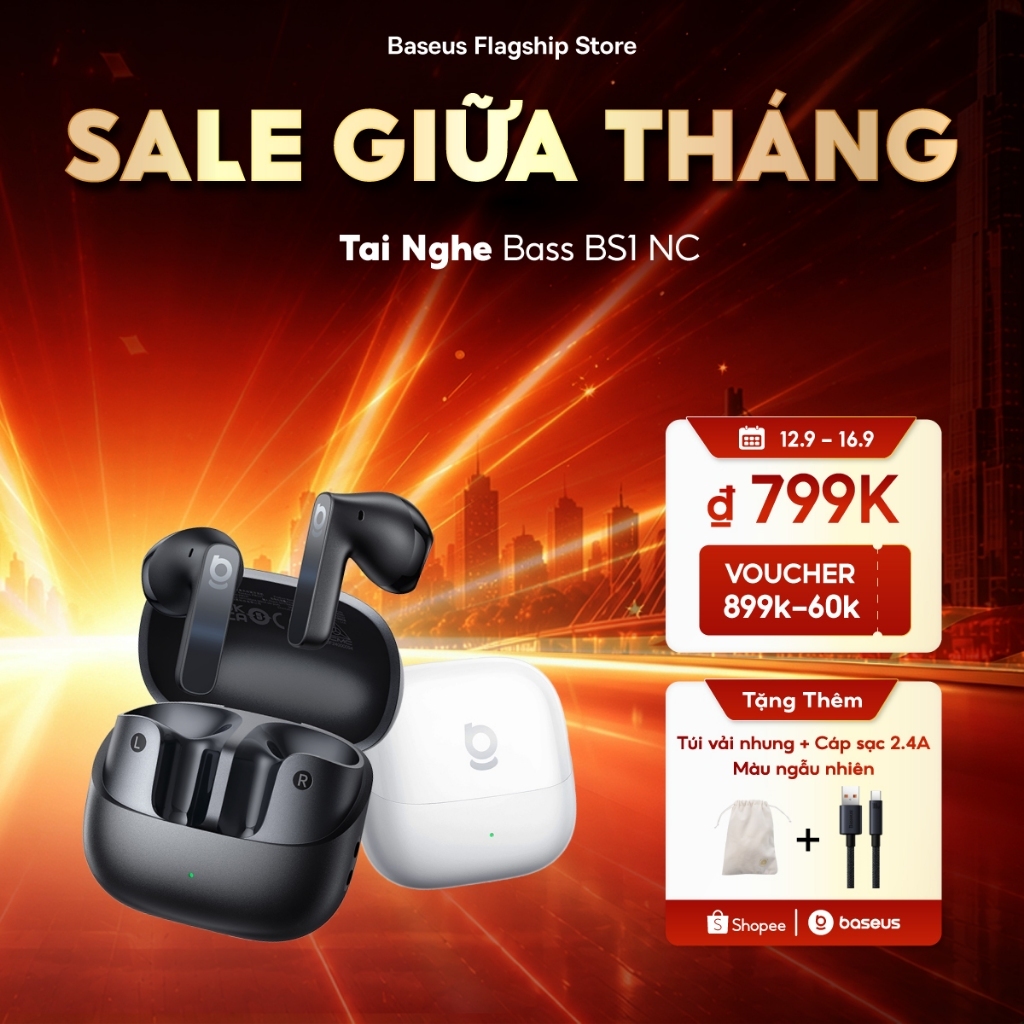 Tai Nghe Baseus BS1 NC Chuẩn Studio Bluetooth 6.0 Gấp Đôi Bass – Chống Nước, Pin 40 Giờ, Nghe Cực Phê, Gọi Cực Đã Với 6 Mic Lọc Ồn Đỉnh