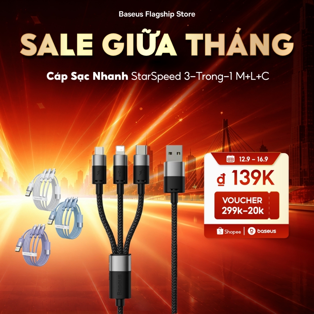 Baseus 3 trong 1 USB C 3.5A Cáp sạc Micro Type C