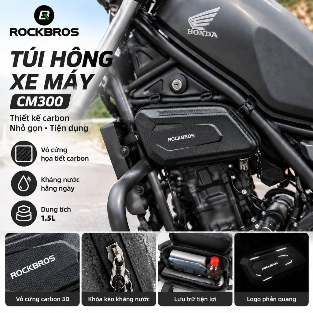 【Giao hàng 3 ngày】ROCKBROS CM300 Túi hông xe máy vỏ cứng carbon chống nước túi bên xe mô tô nhỏ gọn cao cấp