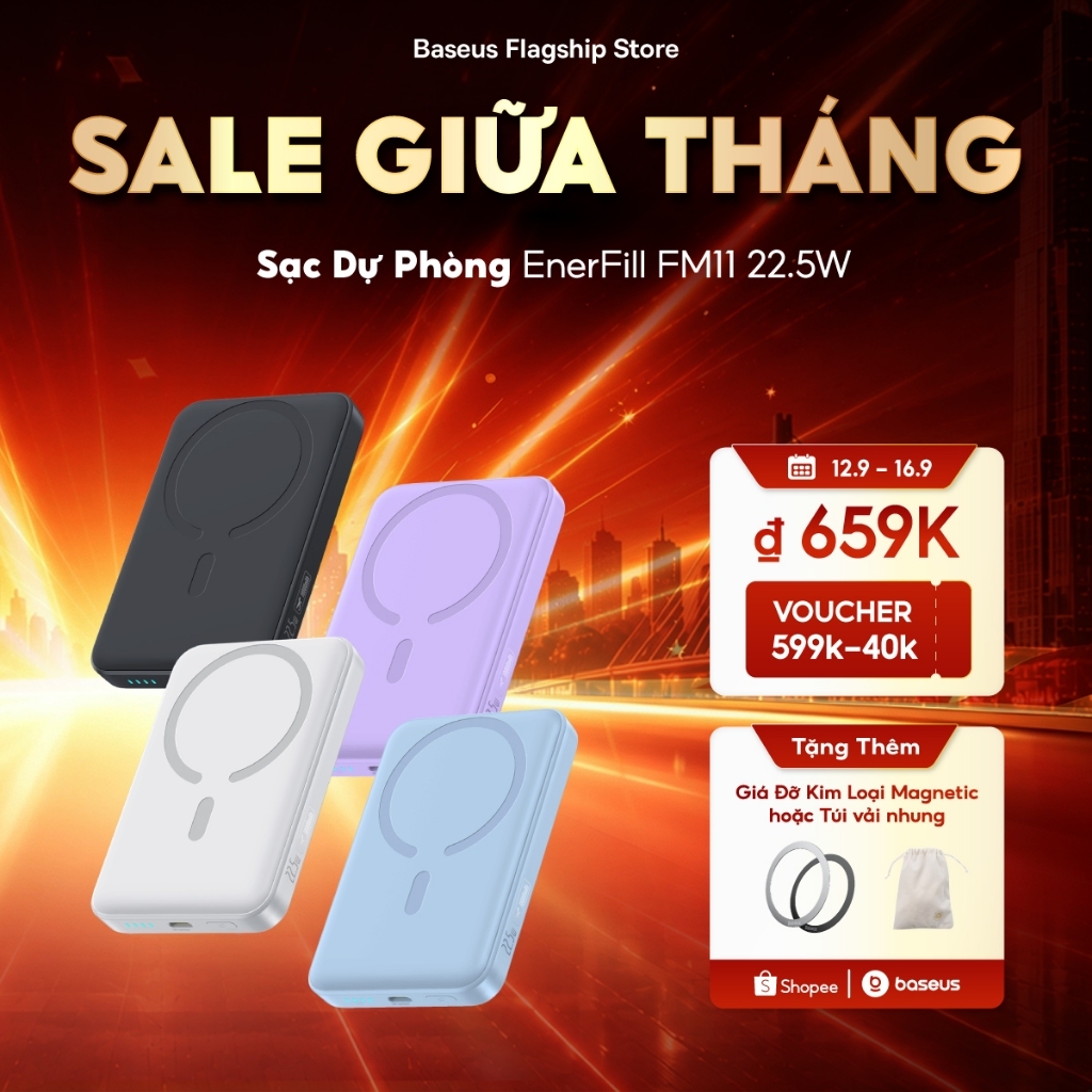 Sạc dự phòng 22.5W FM11 Baseus không dây mini 10000mah có nam châm tự động bật/ tắt thích hợp