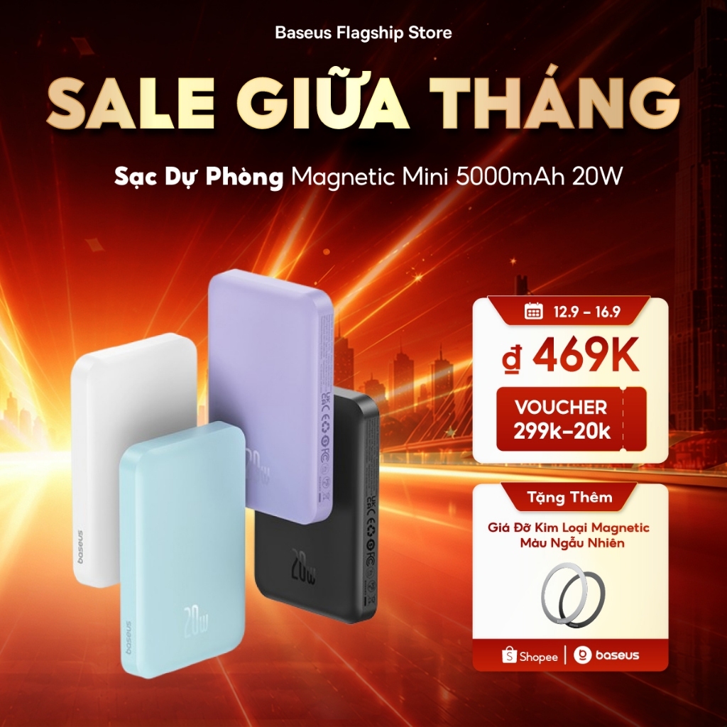Baseus Sạc Dự Phòng 5000mah mini Không Dây Có Nam Châm Tự Động Bật Tắt