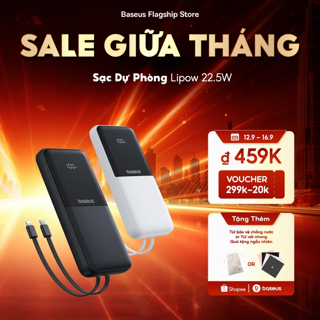 【Pin Sạc Dự Phòng Có Thể Đặt Hàng】Baseus Lipow Dual-Cable Power Bank với màn hình kỹ thuật số 10000 / 20000mAh 22,5W