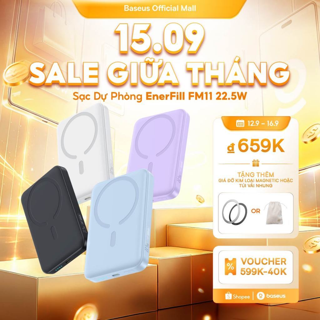 Pin sạc dự phòng không dây FM11 22.5W BASEUS 10000mah mini có nam châm thích hợp cho phone