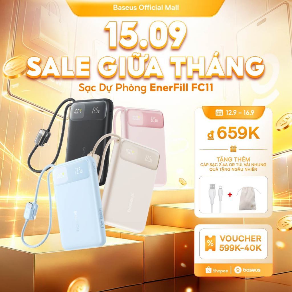 Sạc Dự Phòng EnerFill FC11 BASEUS có sạc nhanh 20W 20000mah thích hợp cho phone 15 / 14 / 13 / 12 xiaomi