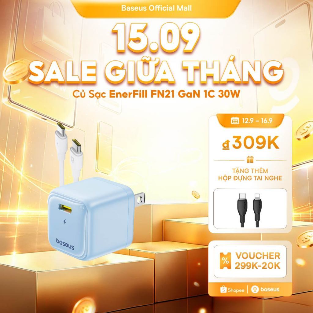 Củ Sạc EnerFill FN21 GaN 1C 30W Baseus Sạc Nhanh PD 30W Kiểm Soát Nhiệt Độ Thông Minh Kèm Dây Type-C PD 30W