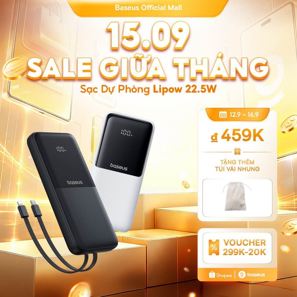 Sạc Dự Phòng Baseus Lipow 20000mAh – Cáp Kép, Màn Hình Kỹ Thuật Số, Công Suất 22.5W