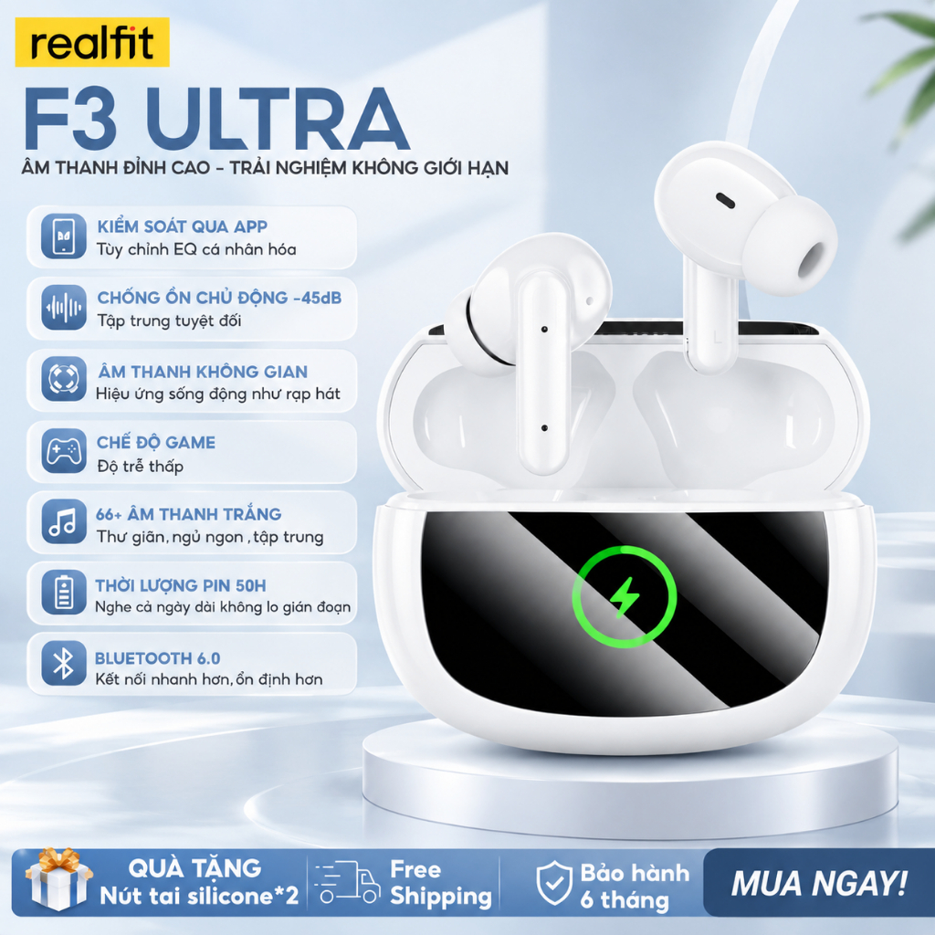 Tai nghe không dây Realfit F3 Ultra Hi-Fi | ANC -45dB Pin 50H | Tùy chỉnh EQ | Bass mạnh | APP riêng