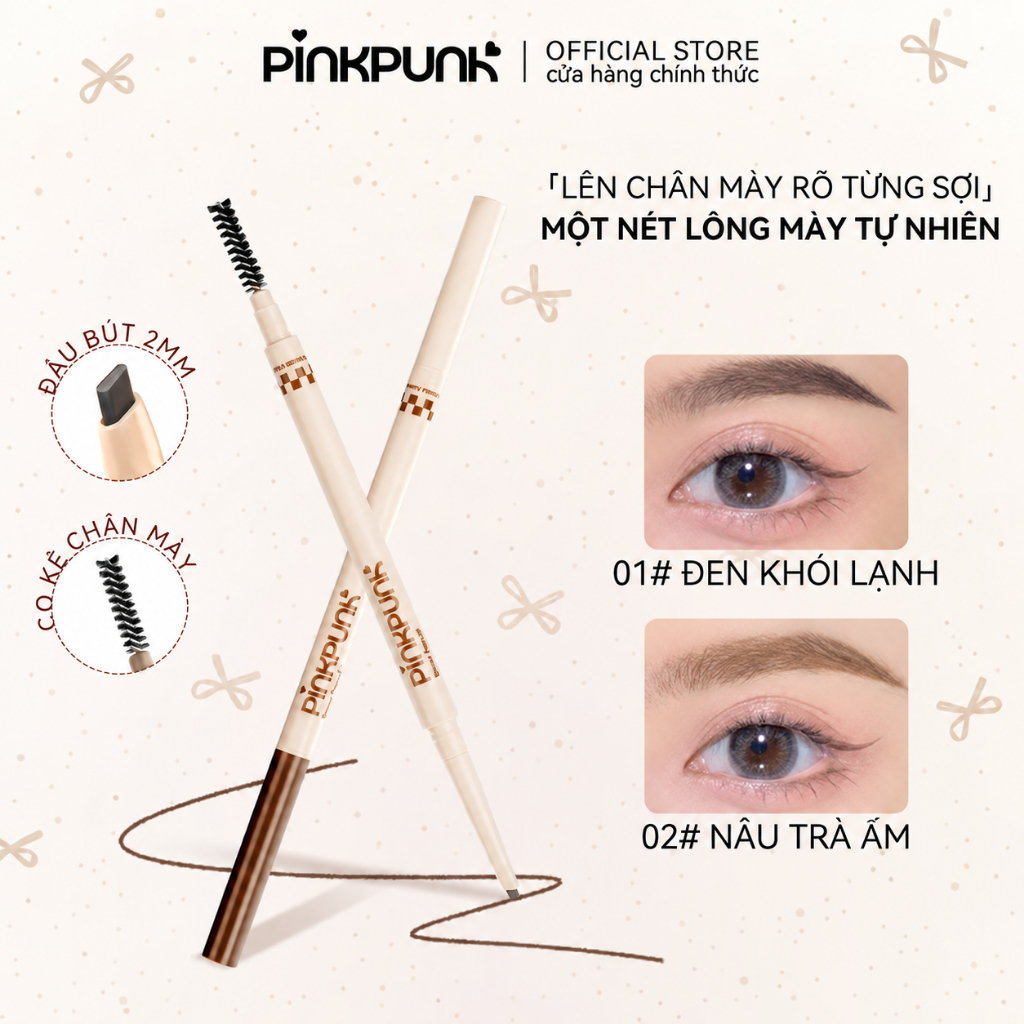 Chì Kẻ Chân Mày PinkPunk tự Siêu Mảnh Phẩy Sợi Sắc Nét Chống Thấm Nước Lâu Trôi 2 màu 2mm