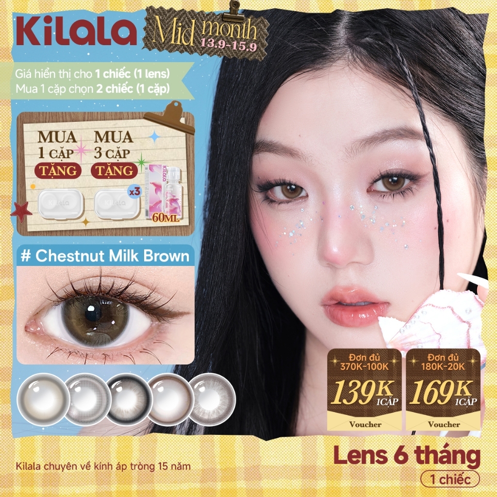 Kính áp tròng màu Kilala - Nâu Chestnut Milk Brown/ Xám Lychee Grey/ Xanh Pandora Blue lens cận 6 tháng DIA 14.2mm có độ (0-7)  Ocean Pearl Collection[Giá 1 chiếc lens ]