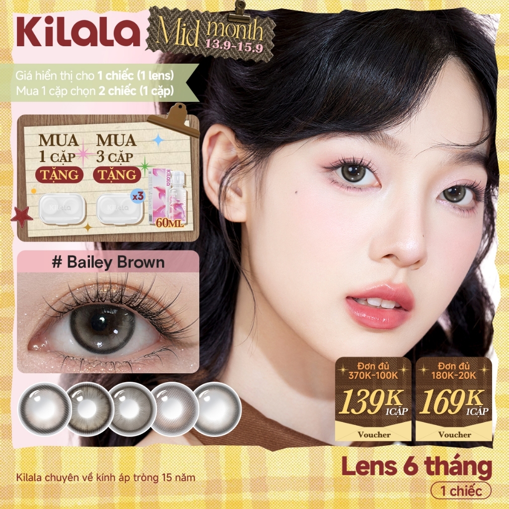 Kính áp tròng Kilala màu nâu Dolly Collection DIA  14.5mm lens cận 6 tháng có độ 0-7[Giá 1 chiếc lens ]