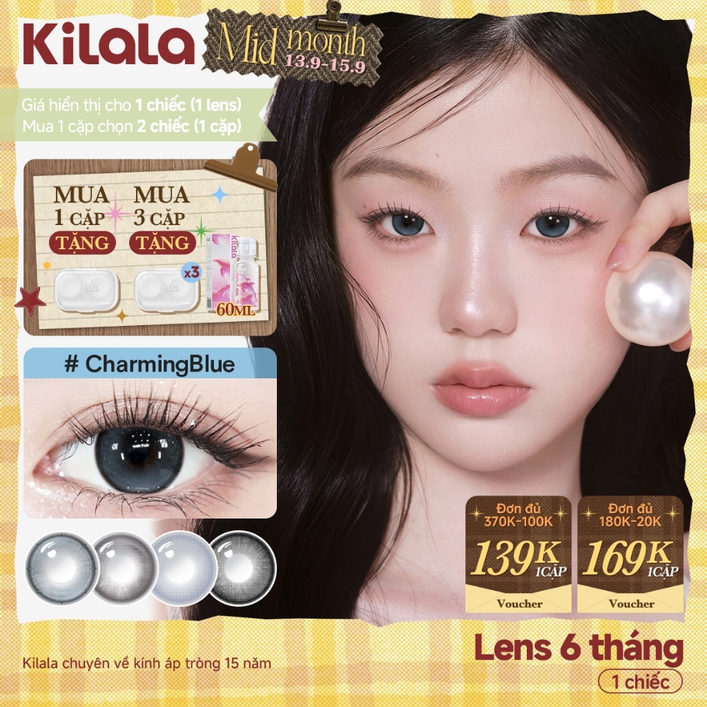 Kính áp tròng màu Kilala - Nâu Charming Blue/Psychedelic Black/Taro Purple  lens cận 6 tháng DIA 14.2mm có độ (0-7) [Giá 1 chiếc lens ]