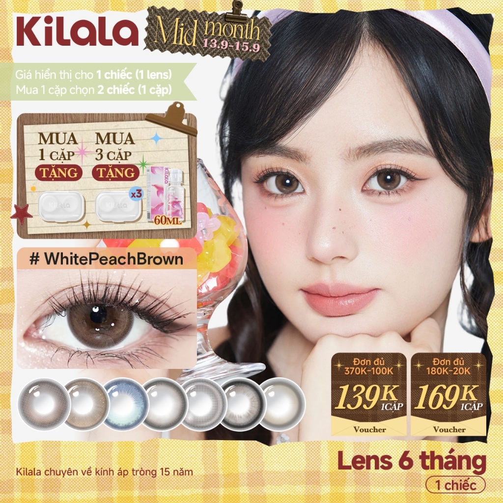 Kính áp tròng màu Kilala - Nâu Đen White Peach Brown/Pearly Grey lens cận 6 tháng DIA 14.2mm có độ (0-7)  Ocean Pearl Collection[Giá 1 chiếc lens ]