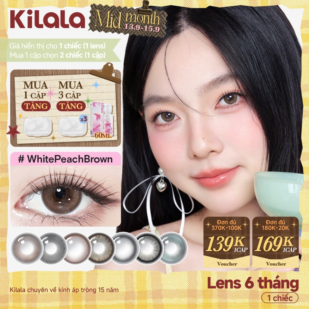 Kính áp tròng Kilala màu nâu Bright Amber/ Pearly Grey/lens cận 6 tháng DIA 14.2-14.5mm có độ (0-7) [Giá 1 chiếc lens ]
