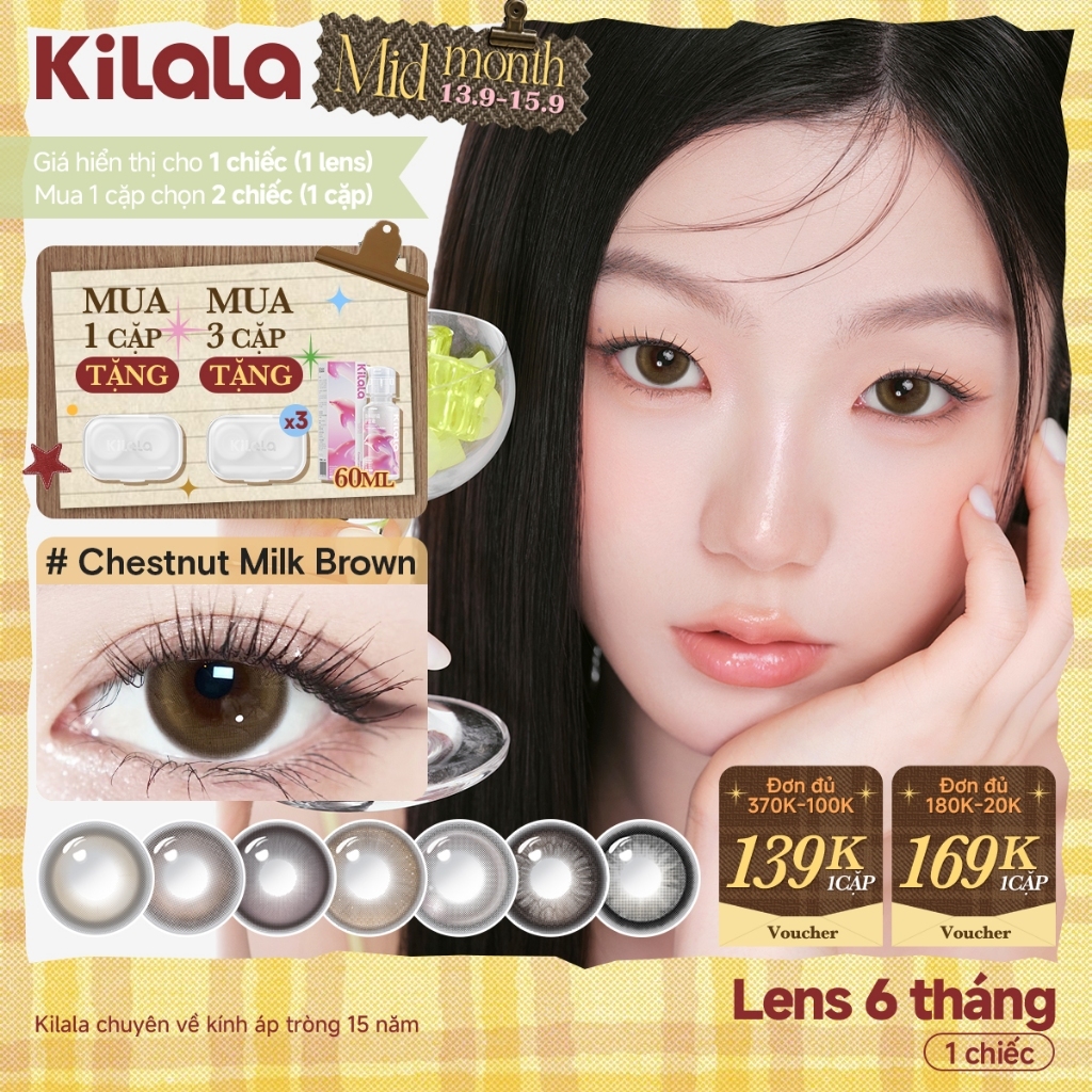 Kính áp tròng màu Kilala Nâu ChestnutMilkBrown/Sakura Pink lens cận 6 tháng DIA 14.2-14.5mm có độ (0-4)[Giá 1 chiếc lens ]