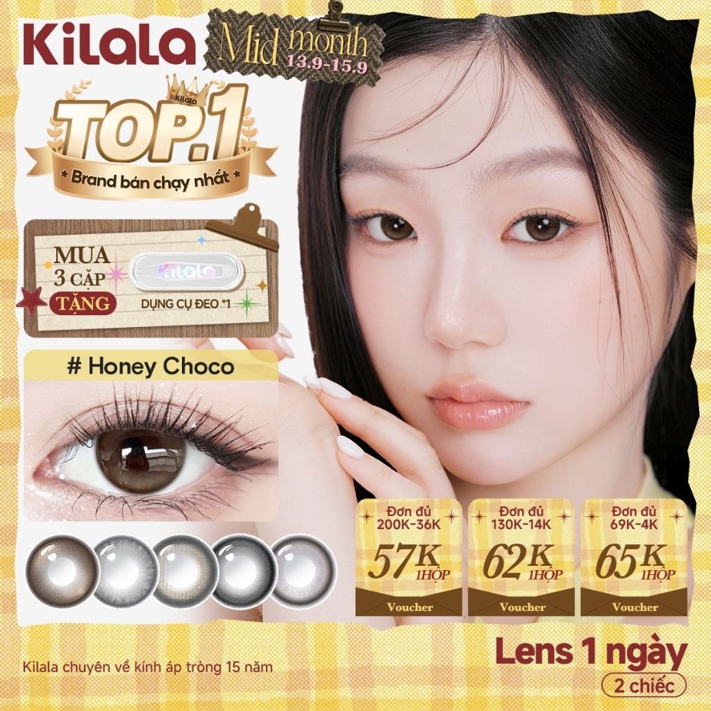 Kính áp tròng Kilala lens 1 ngày màu xám  DIA 14.0mm 14.2mm 14.5mm và màu xám Ice Oolong Brown,Ice Peach Grey,Honey Choco,Felinae Grey, Cold water Black lens cận 1 ngày có độ (0-7) 2 chiếc