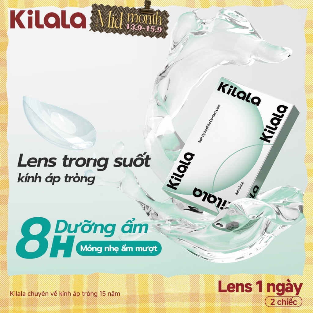 Lens 1 ngày cận trong suốt kính áp tròng Kilala không màu RainDrop Lens 1 ngày DIA 14.2mm có độ (0.5-8) 2 chiếc