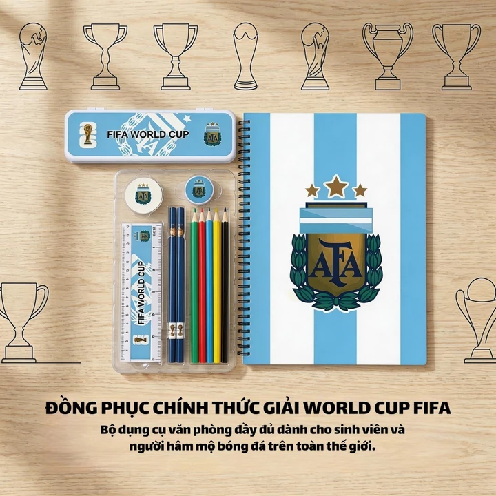 Văn phòng phẩm của đội bóng đá World Cup - Argentina, Pháp, Brazil, Anh - bao gồm máy tính xách tay, hộp bút chì và 13 vật phẩm văn phòng phẩm khác, hoàn hảo như quà tặng trường học và văn phòng phẩm