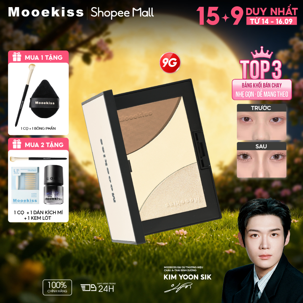 Bảng Tạo Khối & Highlight Mooekiss 3 Màu Mini 9g, Tự Nhiên, Lâu Trôi, Chống Nước, Dễ Tán [KIM YOON SIK]