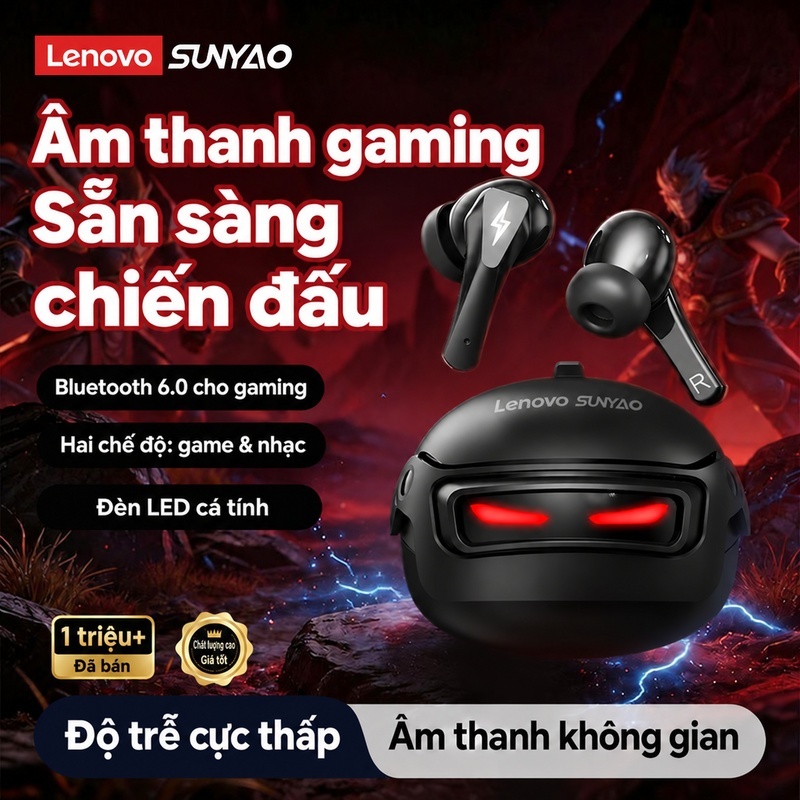 Tai nghe không dây Lenovo Sunyao GT101 Tai nghe chơi game có độ trễ thấp 45ms có âm thanh không gian Màn hình LED 30H Thời gian chơi Bluetooth 6.0 | BigBuy360 - bigbuy360.vn