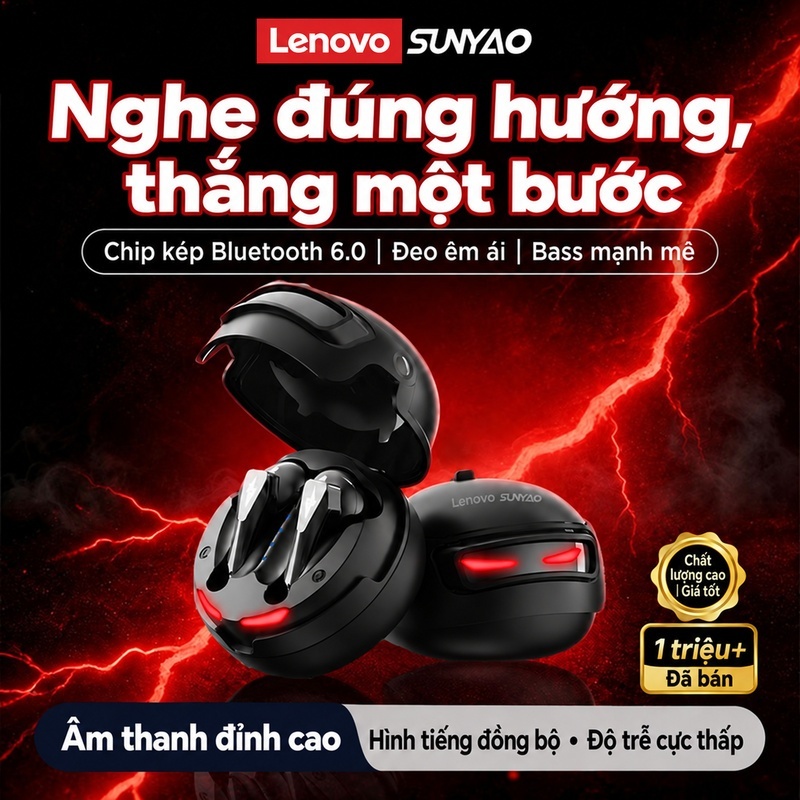 Tai nghe không dây Lenovo Sunyao GT101 Tai nghe chơi game có độ trễ thấp 45ms có âm thanh không gian Màn hình LED 30H Thời gian chơi Bluetooth 6.0 | BigBuy360 - bigbuy360.vn