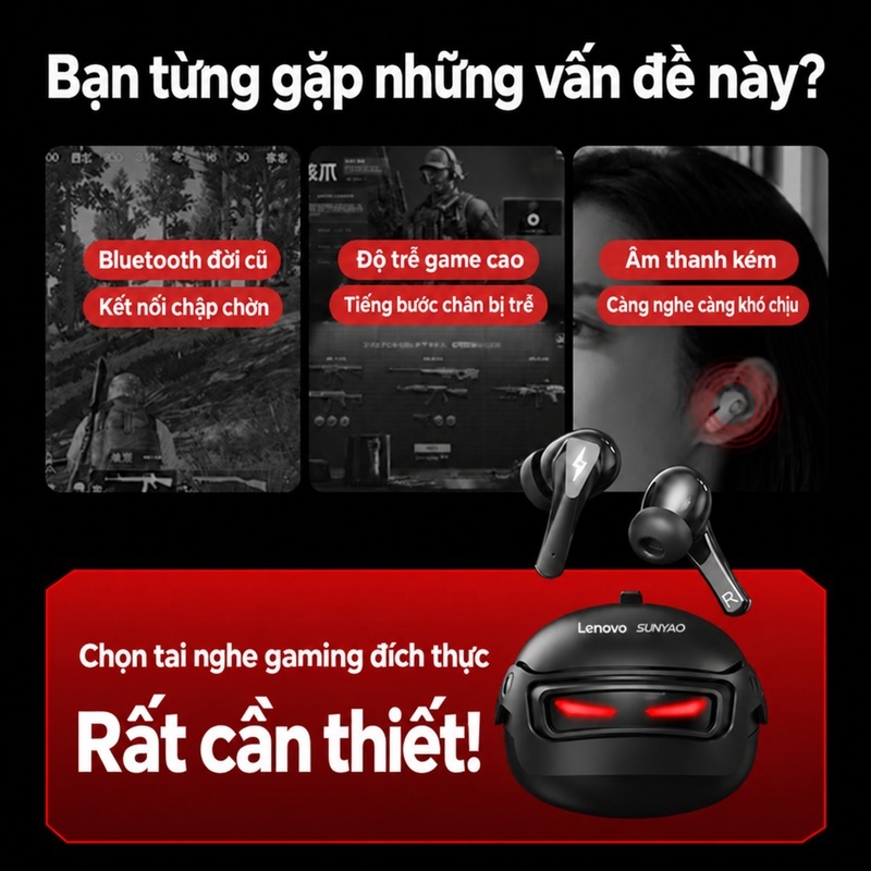 Tai nghe không dây Lenovo Sunyao GT101 Tai nghe chơi game có độ trễ thấp 45ms có âm thanh không gian Màn hình LED 30H Thời gian chơi Bluetooth 6.0 | BigBuy360 - bigbuy360.vn