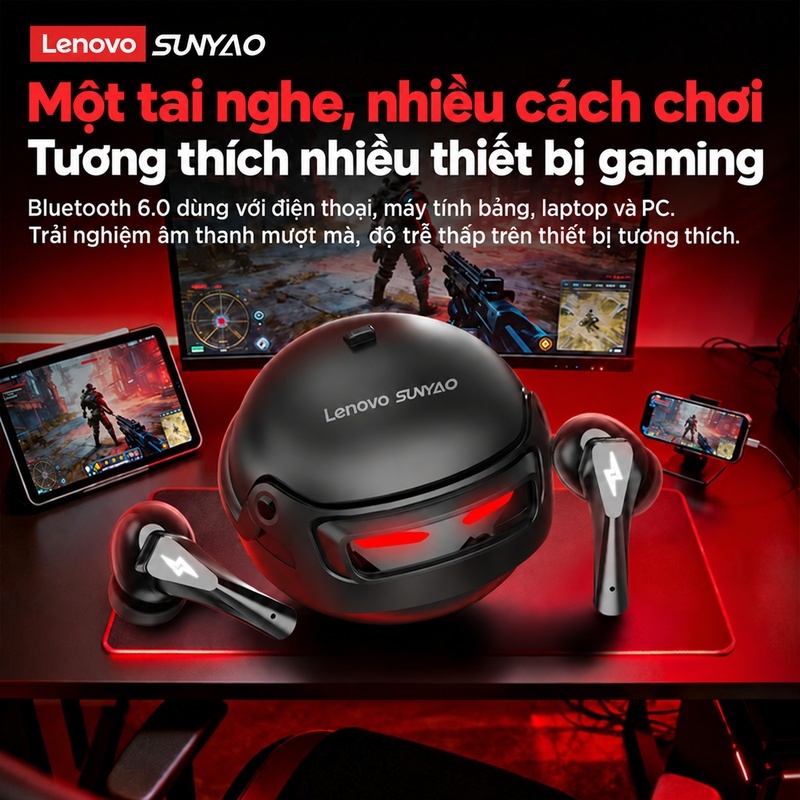 Tai nghe không dây Lenovo Sunyao GT101 Tai nghe chơi game có độ trễ thấp 45ms có âm thanh không gian Màn hình LED 30H Thời gian chơi Bluetooth 6.0 | BigBuy360 - bigbuy360.vn
