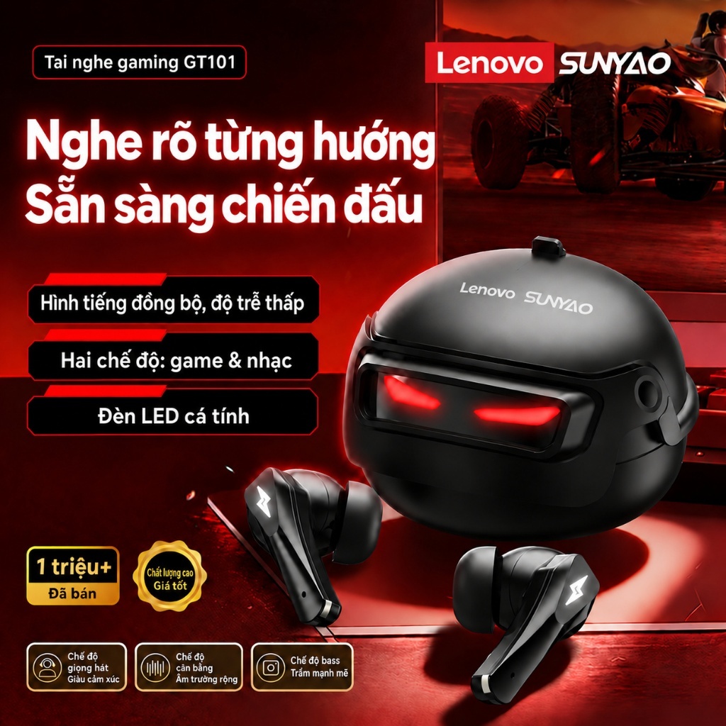Tai nghe không dây Lenovo Sunyao GT101 Tai nghe chơi game có độ trễ thấp 45ms có âm thanh không gian Màn hình LED 30H Thời gian chơi Bluetooth 6.0 | BigBuy360 - bigbuy360.vn