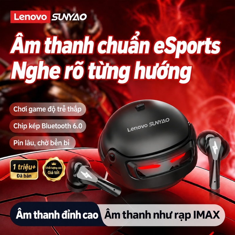 Tai nghe không dây Lenovo Sunyao GT101 Tai nghe chơi game có độ trễ thấp 45ms có âm thanh không gian Màn hình LED 30H Thời gian chơi Bluetooth 6.0 | BigBuy360 - bigbuy360.vn