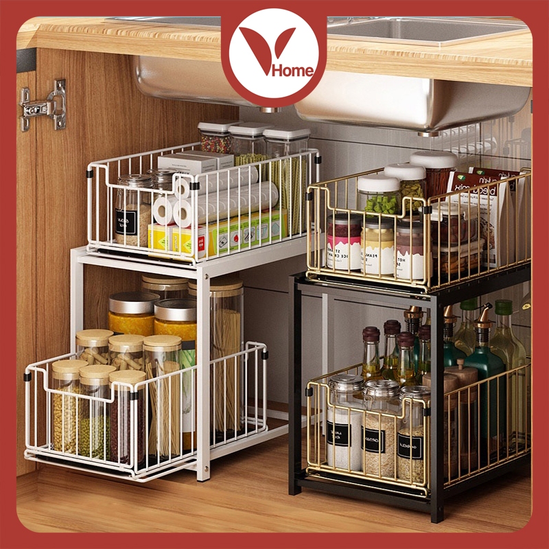 Vhome Giá đựng đồ đa năng , Giá đựng gia vị, Giá ngăn kéo trượt 2 tầng【Thép cacbon chất lượng cao】